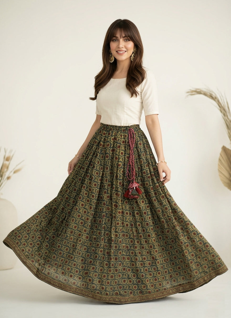 Green Magic Mums Ajrak skirt in lawn fabric with adjustable dori waist and maxi flare