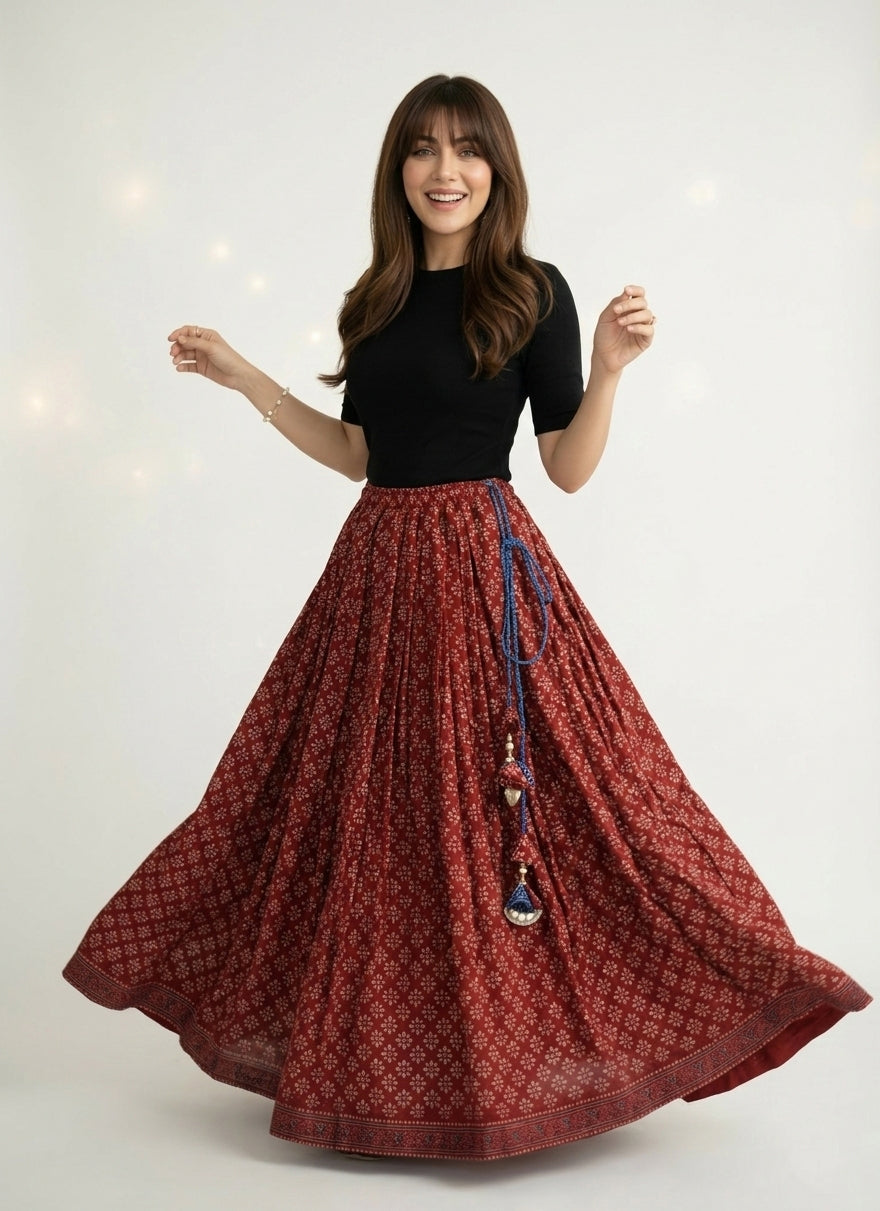 Ajrak Design Dress red floral Ajrak skirt with blue floral border