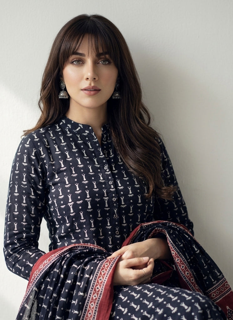 Organic Dye Hand Block Printed Ajrak Black Contrast Bone Two-Piece – Unstitched Lawn Shirt & Dupatta by Sartiyoon