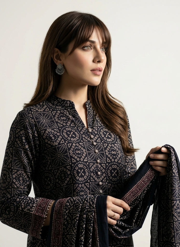 Organic Dye Hand Block Printed Ajrak Black Chunri lawn two-piece with unstitched shirt and matching dupatta