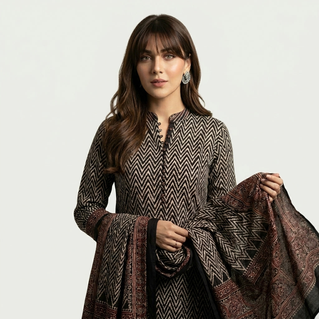 Ajrak ZigZag two-piece set with traditional hand block printed geometric patterns.