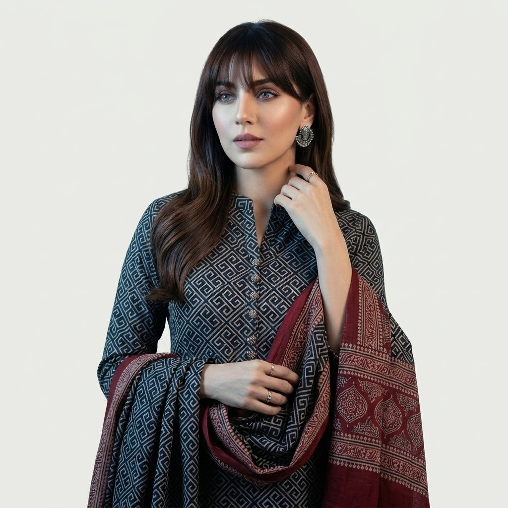 Ajrak Taskeen two-piece unstitched dress with traditional hand block printed design in lawn and cotton options.