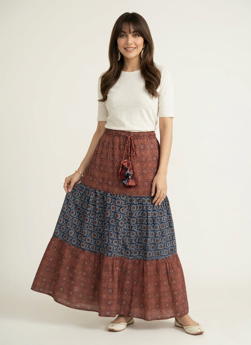 Organic dye hand block printed Ajrak 3-tiered lawn maxi skirt with elastic waist and thread tassel dori
