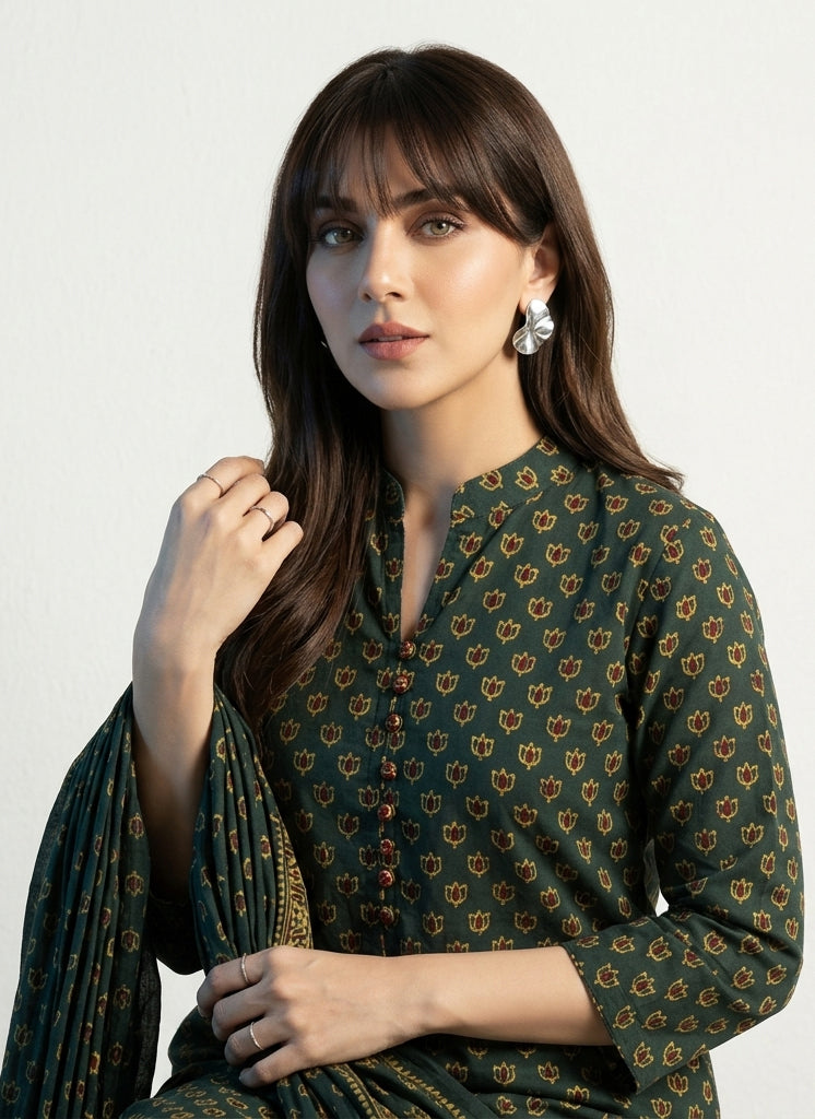 Handmade Ajrak lawn fabric with organic dye lotus floral block print design