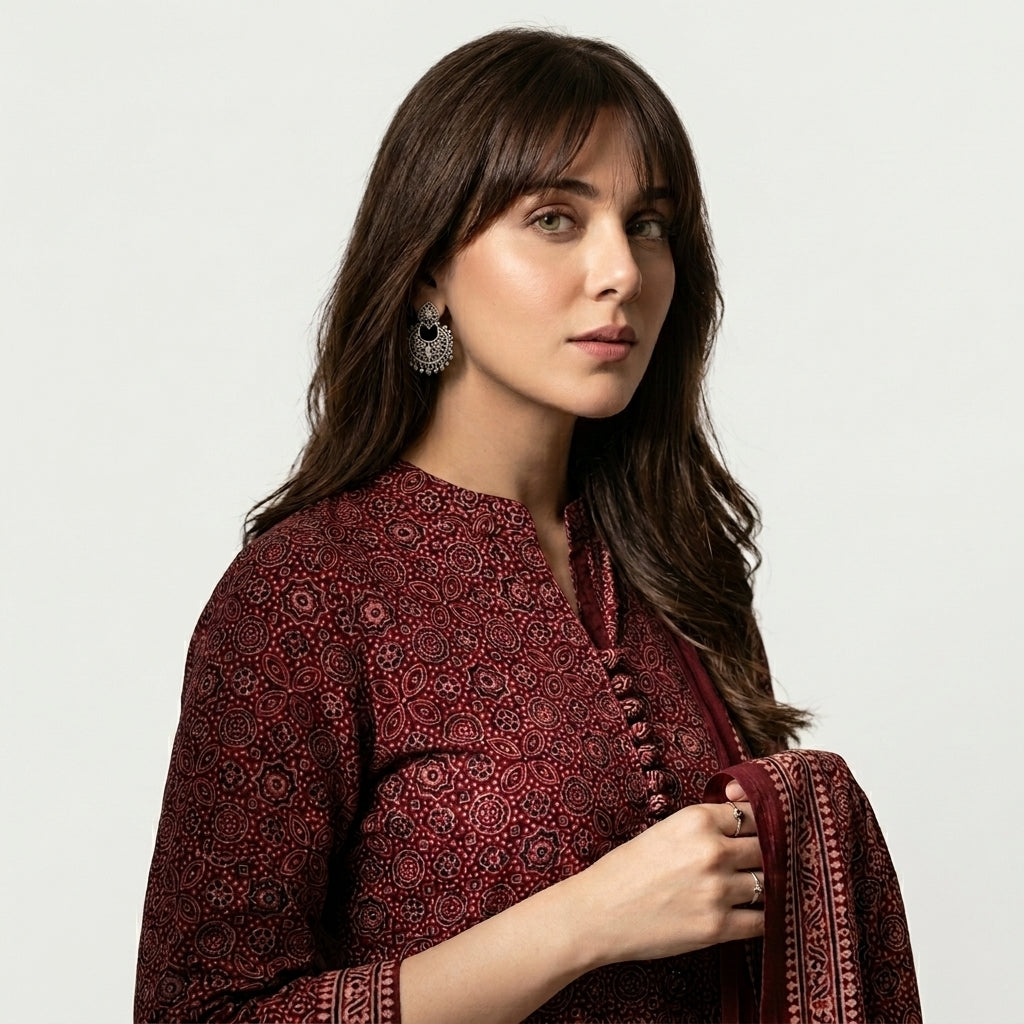 Traditional maroon Ajrak two-piece suit with hand block printed shirt and matching dupatta.