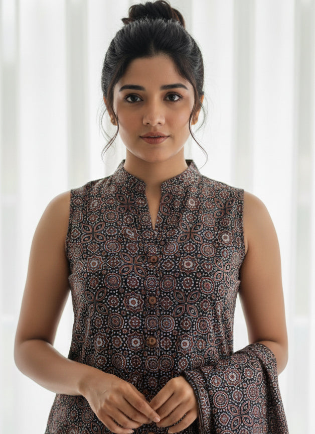 Organic Dye Hand Block Printed Ajrak Classical Two-Piece Lawn set featuring an unstitched shirt and matching dupatta with authentic traditional Sindhi Ajrak motifs and premium breathable lawn fabric.