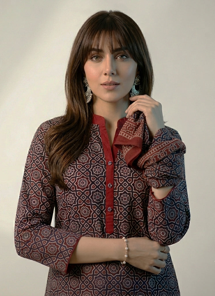 Organic Dye Hand Block Printed Ajrak Design Dress in Moroccan Black contrast lawn fabric with unstitched shirt and dupatta, traditional Sindhi artisan craftsmanship