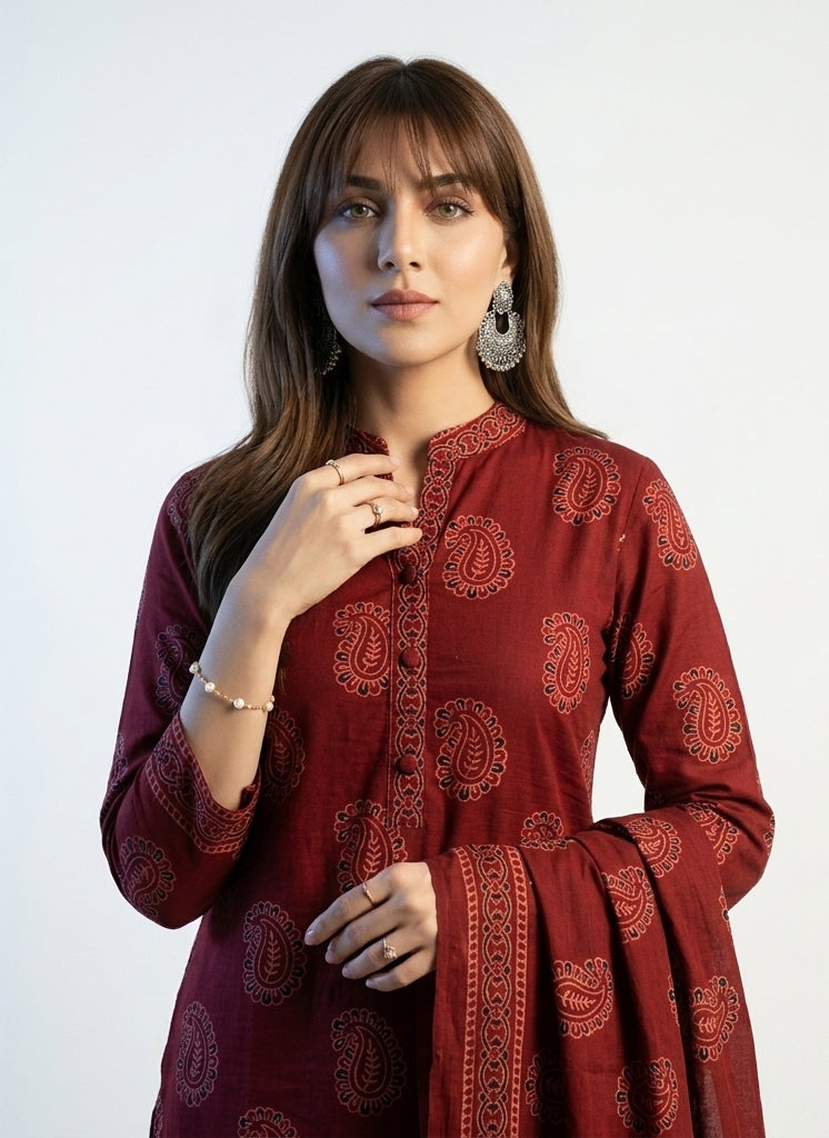 Ajrak Design Dress Anbi reddish maroon two-piece with organic dye hand block print