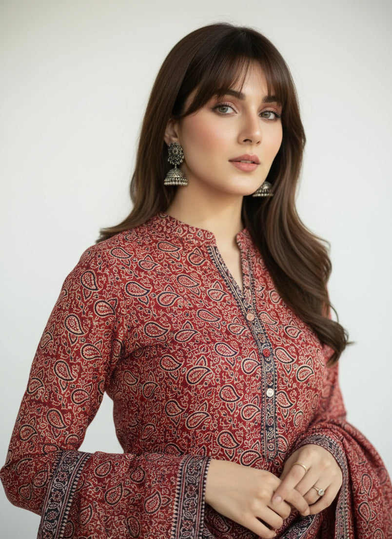 Ajrak Design Dress paisley bandana print unstitched lawn two-piece with traditional hand block printing and organic dyes.