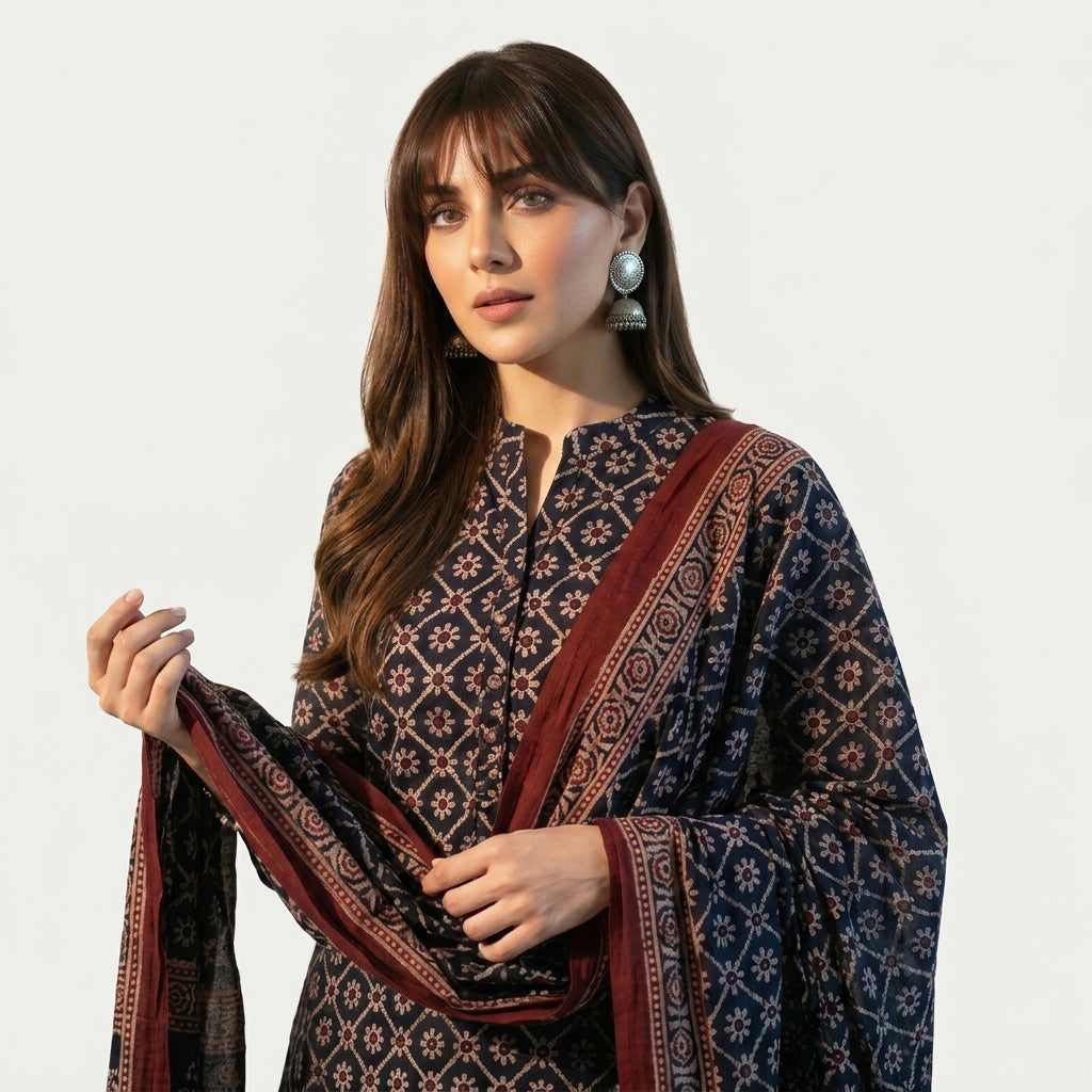 Ajrak dress design in black floral jaal print with a contrasting maroon border, traditional hand block printed pattern.