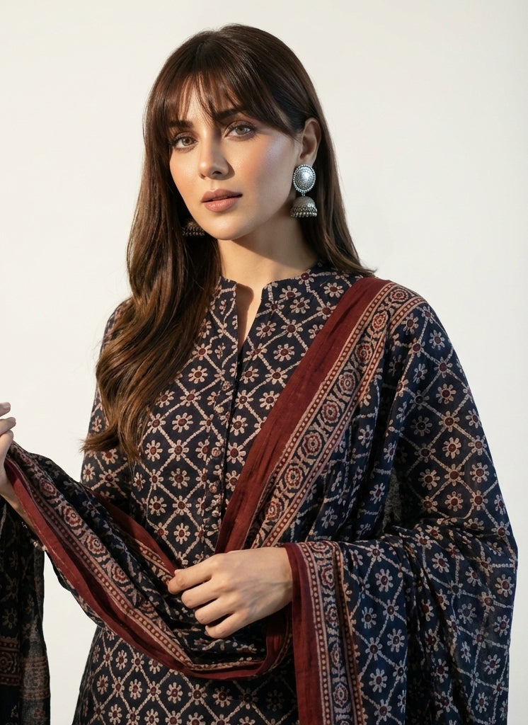 Black floral jaal organic dye hand block Ajrak two-piece in lawn