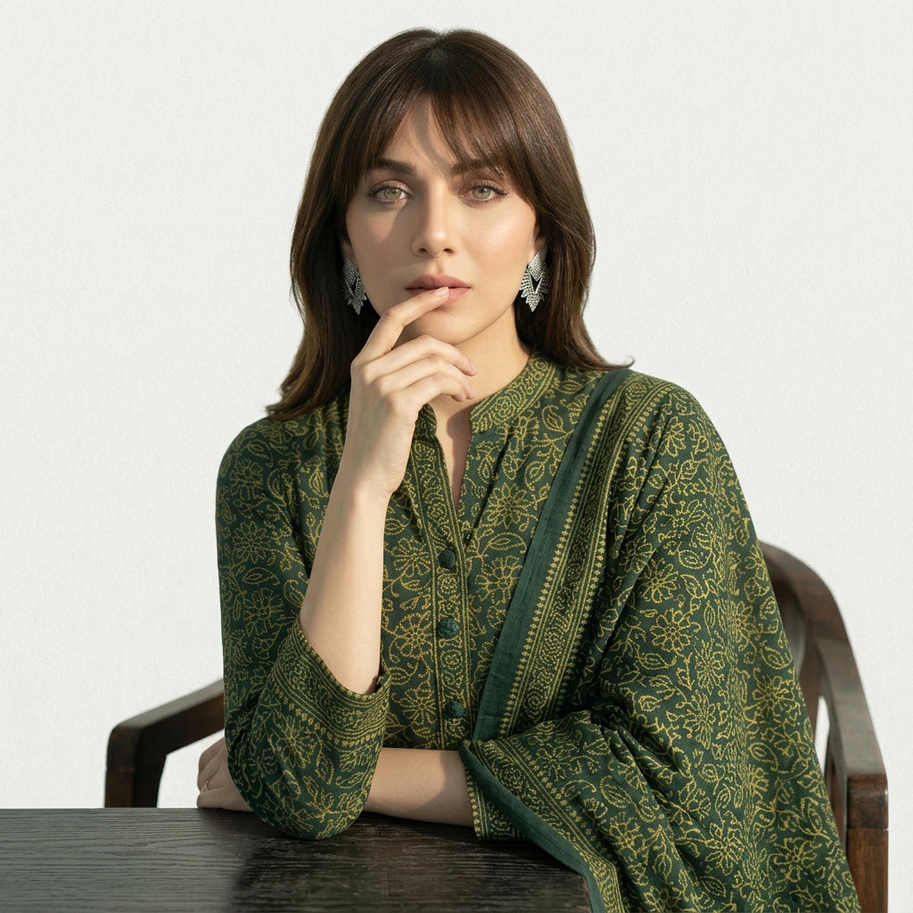 Green Floral Bel Ajrak unstitched two-piece shirt and dupatta set with traditional hand block printed patterns.