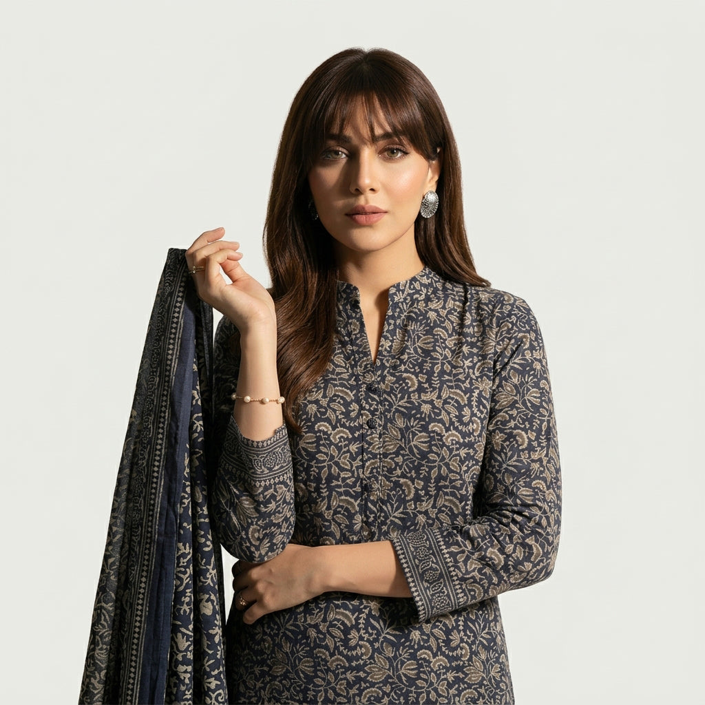 Ajrak Design Dress in charcoal grey with floral hand block print, unstitched two-piece shirt and dupatta set.