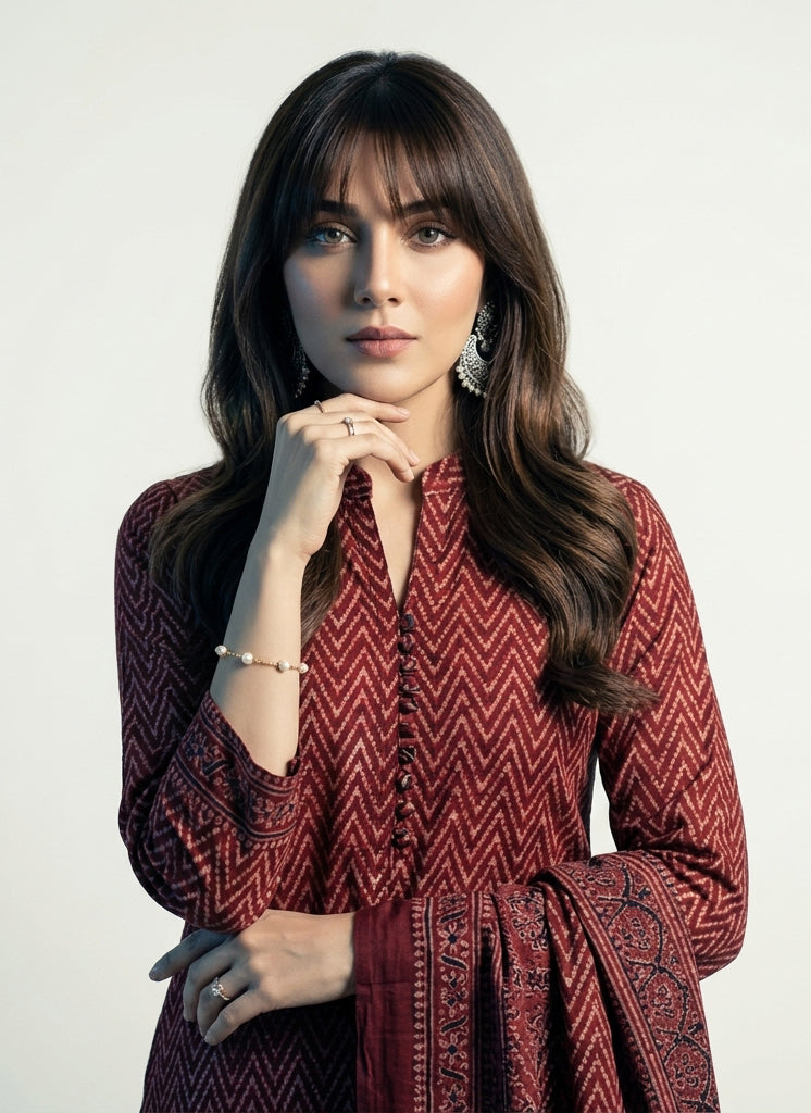 Natural Dye Hand Block Printed Ajrak Red Zigzag lawn two-piece with unstitched shirt and dupatta