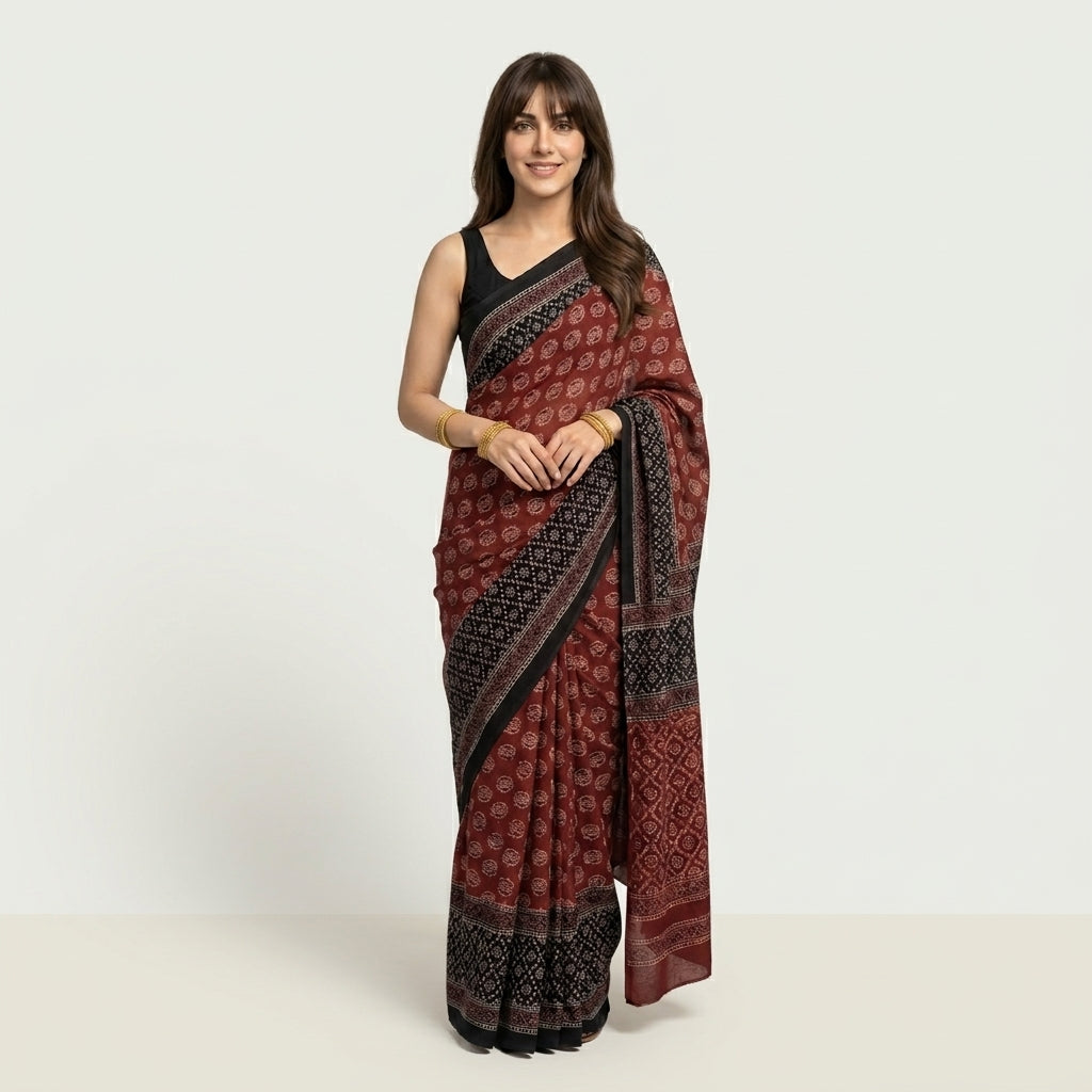 Red Ajrak Saree with Black Border – Traditional Hand Block Printed Cotton Saree with Matching Blouse Piece by Sartiyoon Pakistan