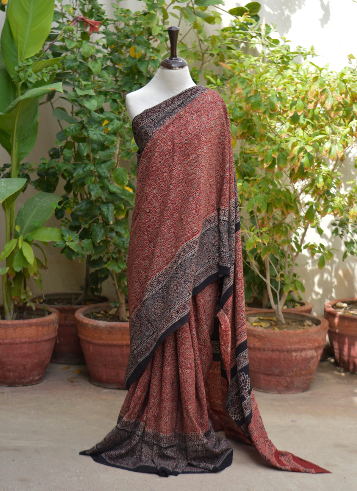 Organic Dyed Hand Block Printed Ajrak Red Lawn Saree with matching blouse in premium 7-meter fabric featuring traditional Sindhi artisan craftsmanship