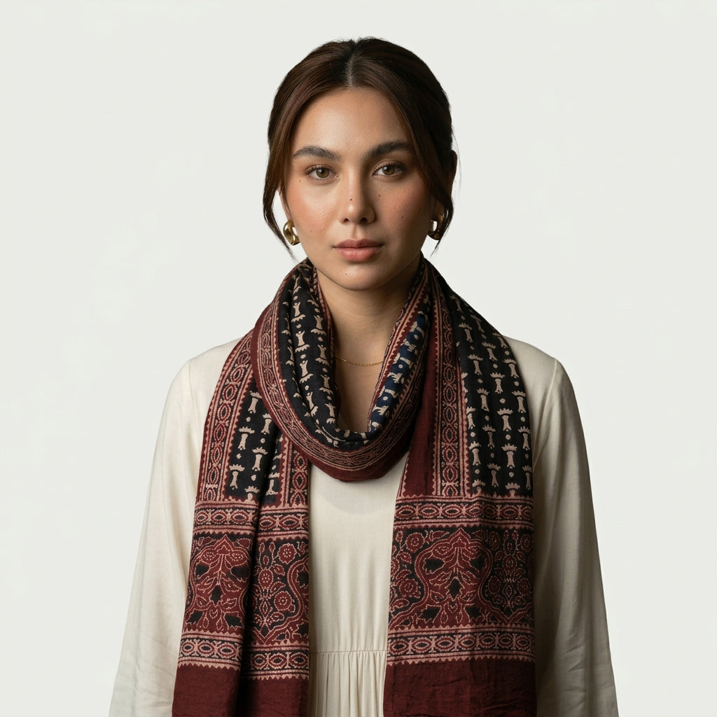 Blue Ajrak scarf with intricate hand block printed patterns