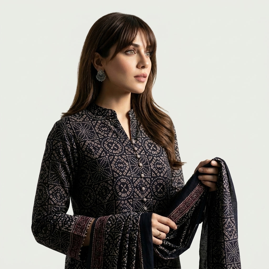 Black Chunri Ajrak Design Dress two-piece unstitched shirt and dupatta with traditional hand block printed patterns.