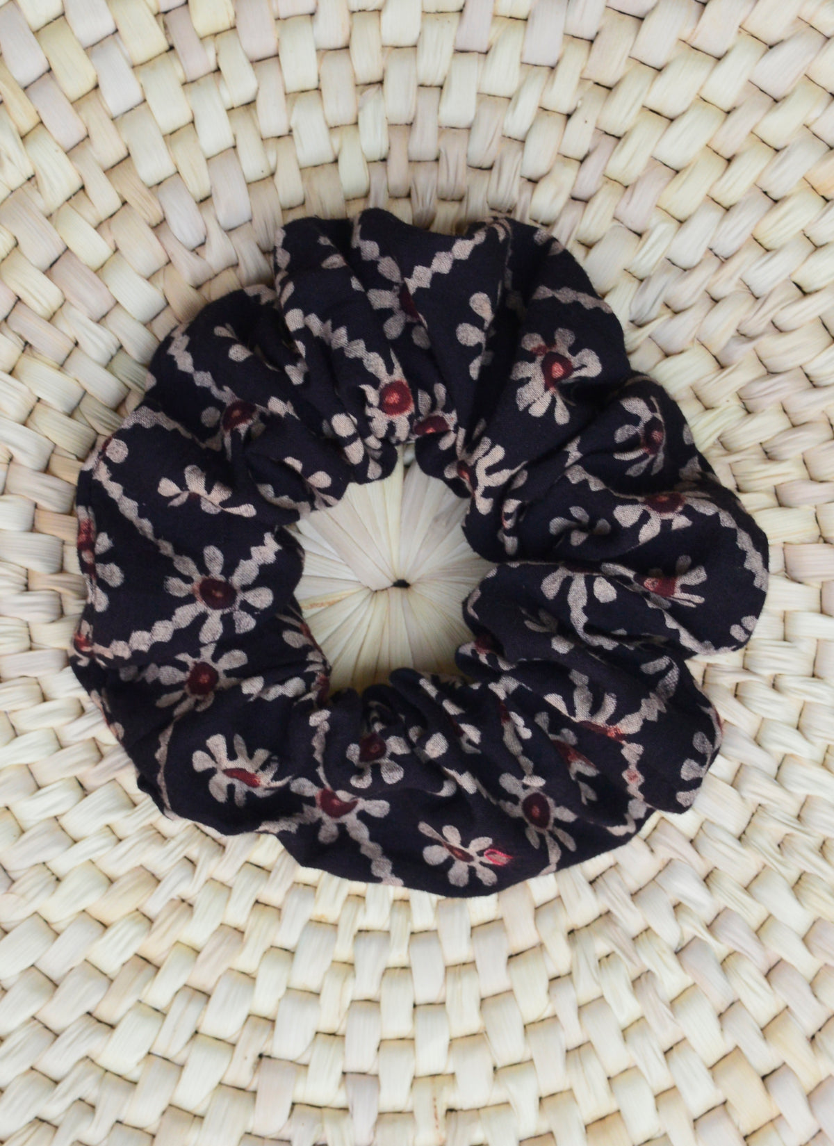 Hand block printed Ajrak floral scrunchie – vibrant heritage pattern hair elastic Pakistan