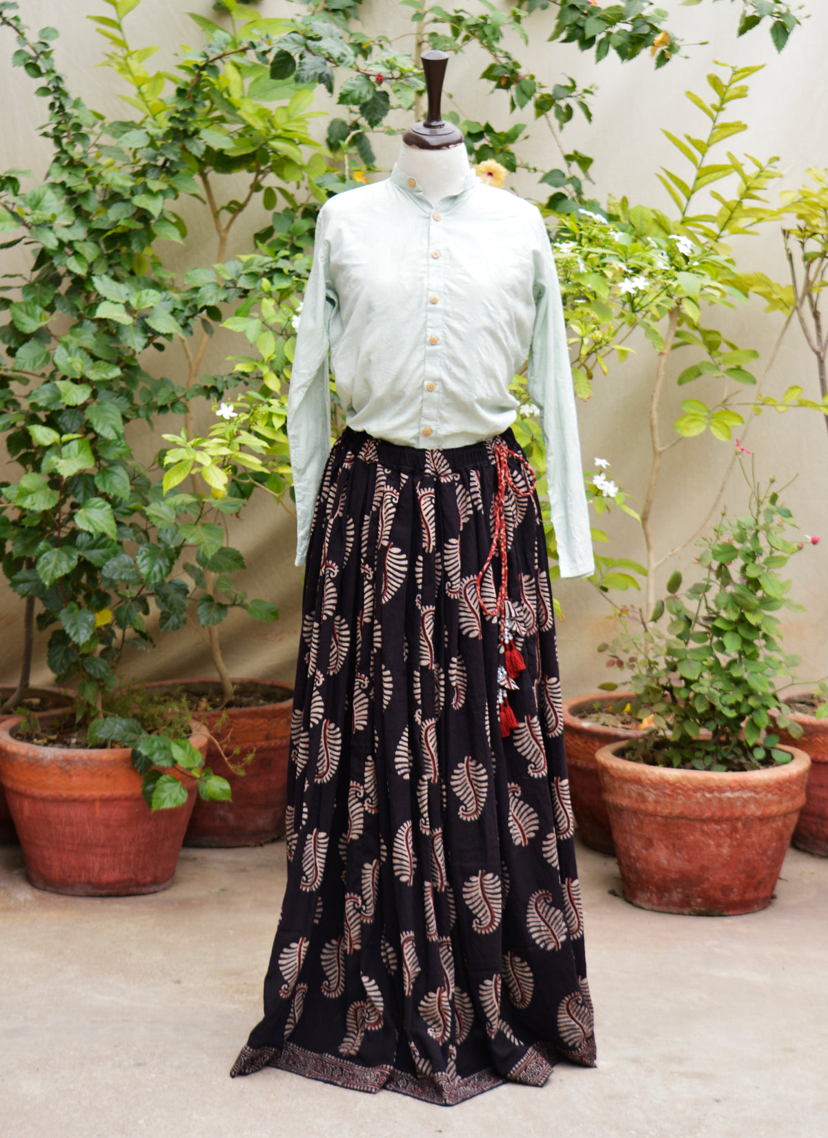 Organic dye Ajrak maxi skirt black leafy pattern Pakistan