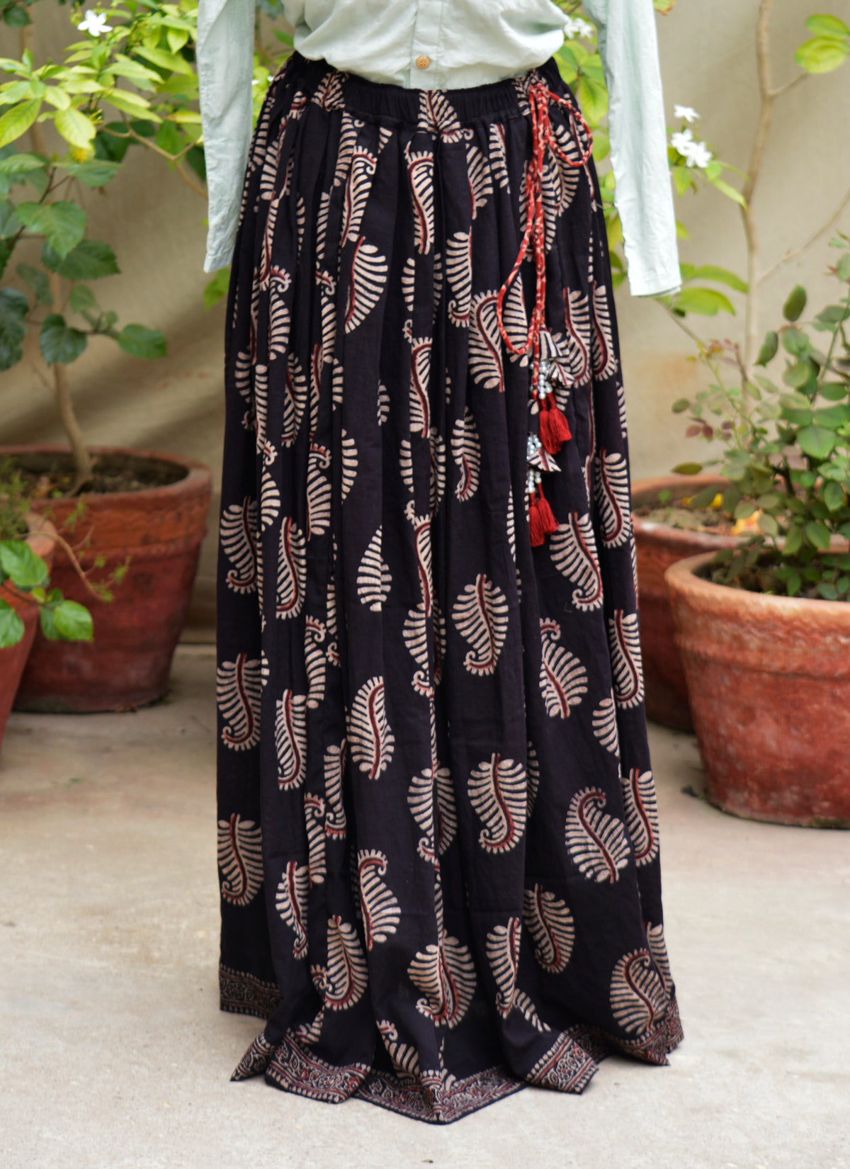 Hand block printed Ajrak black leafy boho skirt adjustable waist