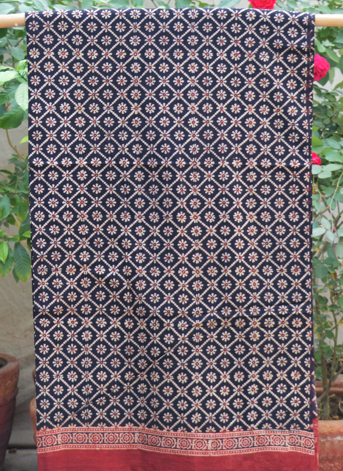 Ajrak floral jaal black kurta fabric hand block printed in organic dyed cotton