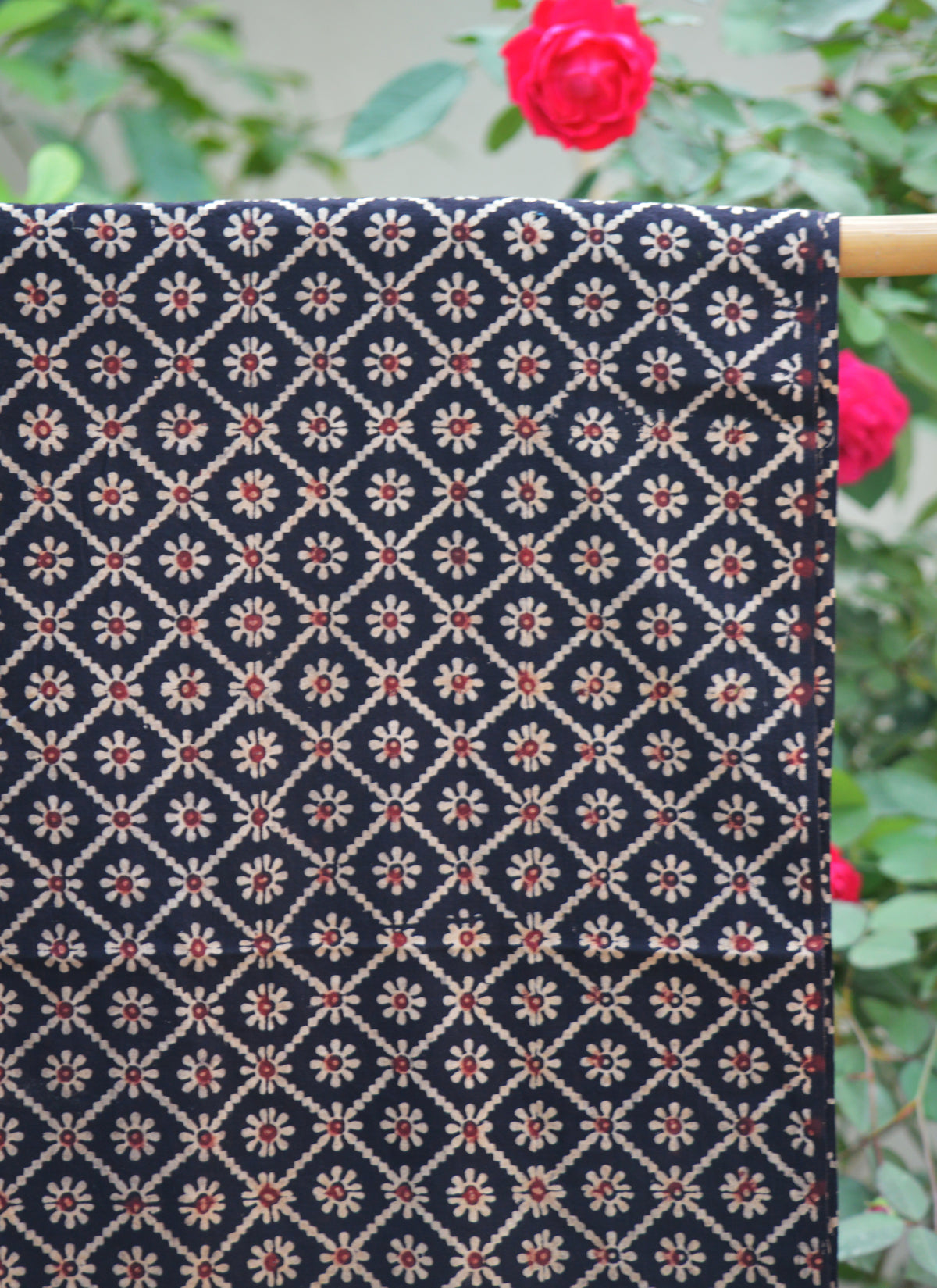 Handcrafted Ajrak design dress kurta fabric black floral jaal pattern