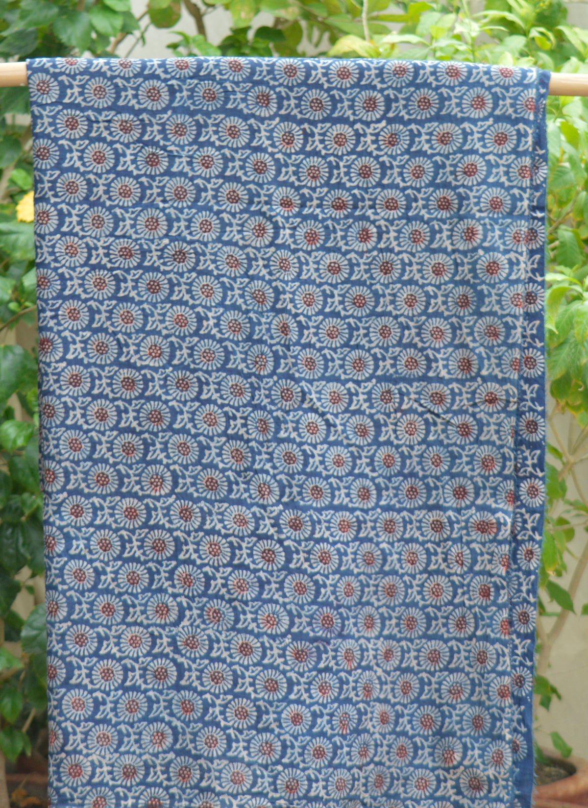 Hand block printed Indigo Magic Mums fabric without panels or borders