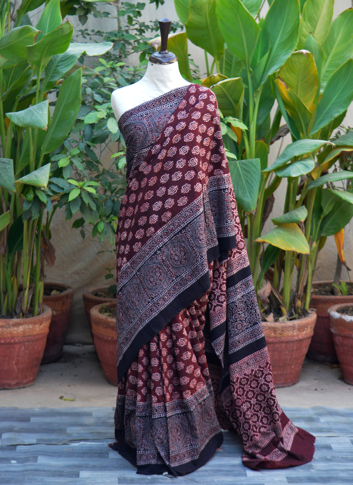 Ajrak Floral Maroon Saree organic dyed hand block printed traditional saree Pakistan