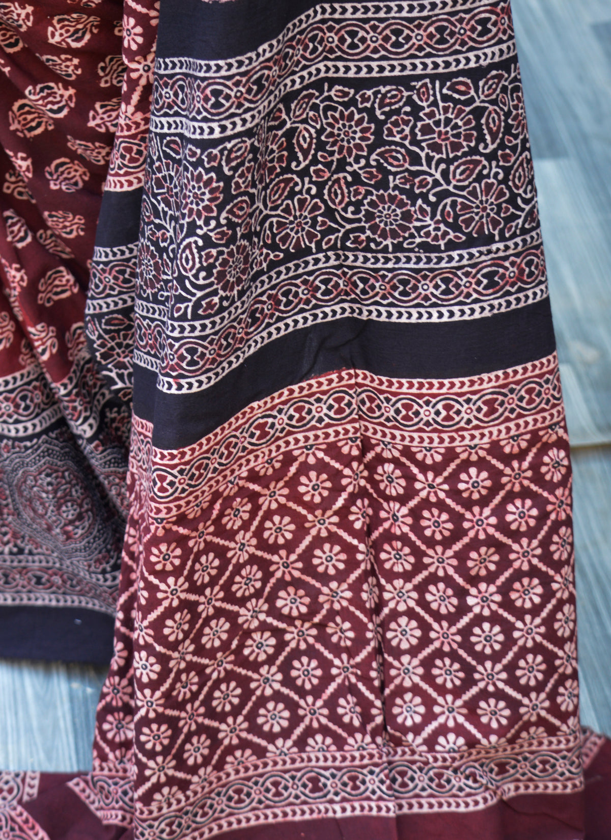 Hand block printed Ajrak floral maroon saree organic dye ethnic wear for women