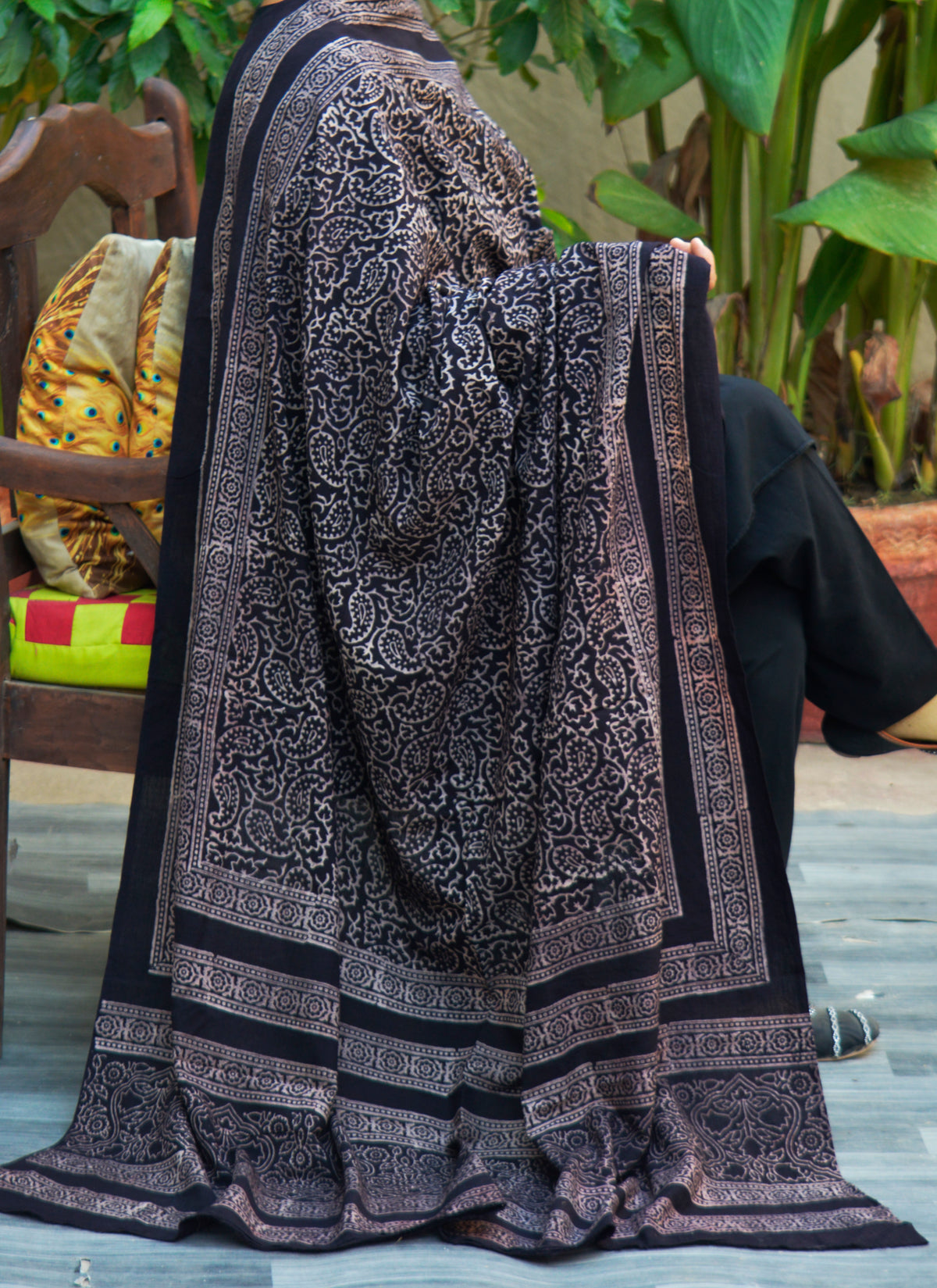 Organic dye hand block printed Ajrak Chaadar Chinar Leaf black cotton wrap – Ajrak Design Dress