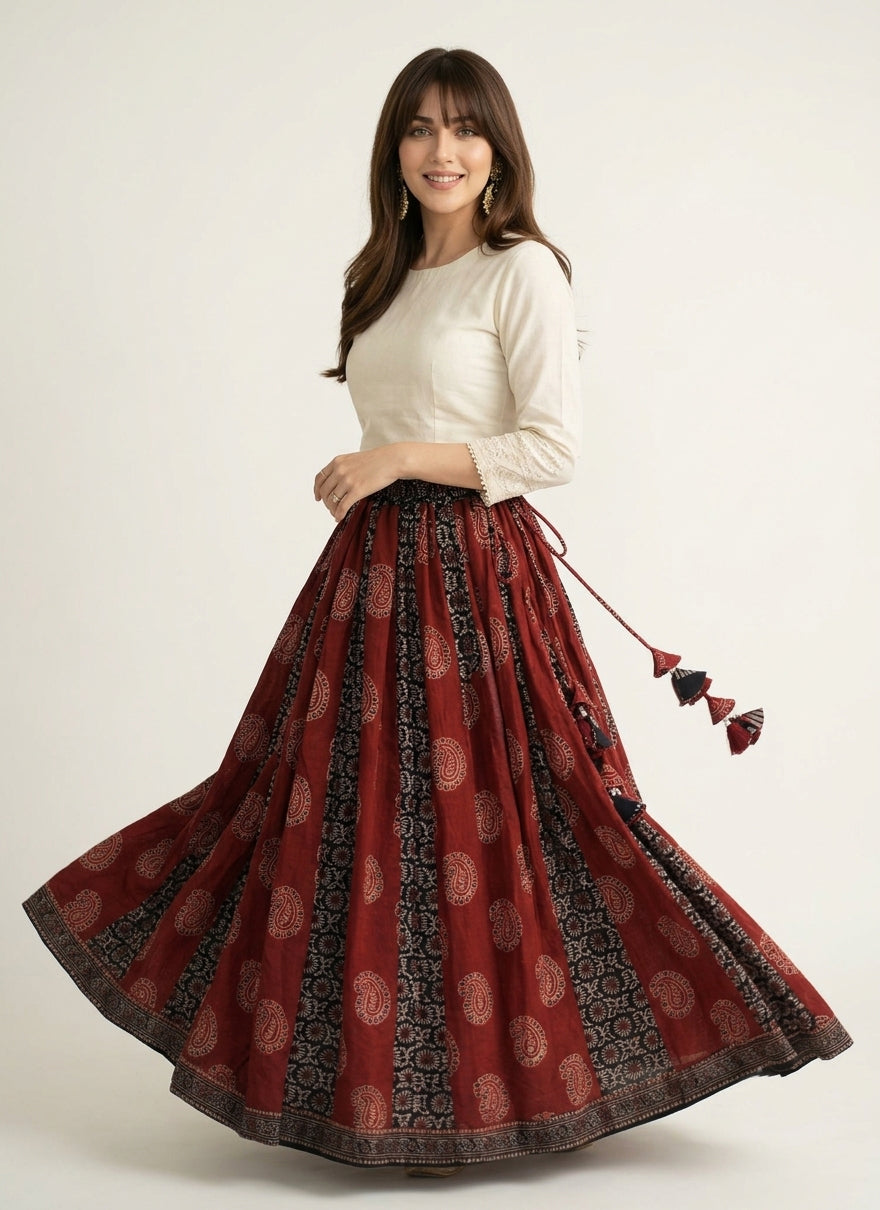 Handmade Ajrak Design Dress lawn maxi skirt featuring patchwork panels and tassel waist dori