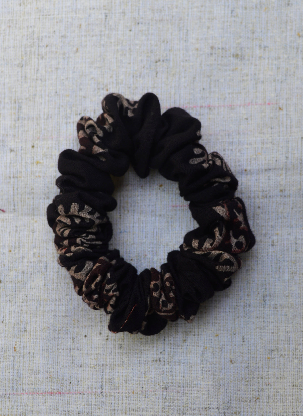 Handmade Ajrak hair scrunchie in black two tone Sindhi artisan design
