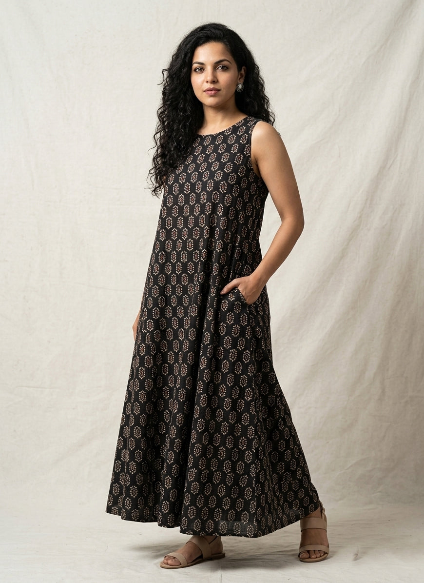 Hand Block Printed Ajrak A-Line Dress Black with Maroon Motif Filling – Ajrak Summer Midi Dress | Daisy Bloom Dress