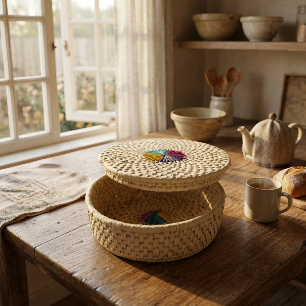 Handwoven Palm Leaf Bread Basket with Multicolored Center Circle, Handmade Natural Woven Serving Basket by Sartiyoon