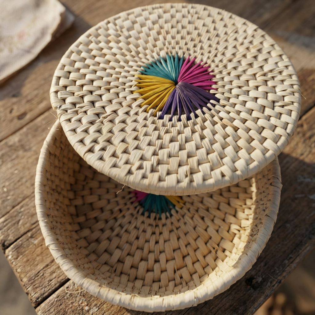 Handmade Palm Leaf Bread Serving Basket with Colorful Circular Woven Design, Natural Handwoven Kitchen and Dining Basket by Sartiyoon