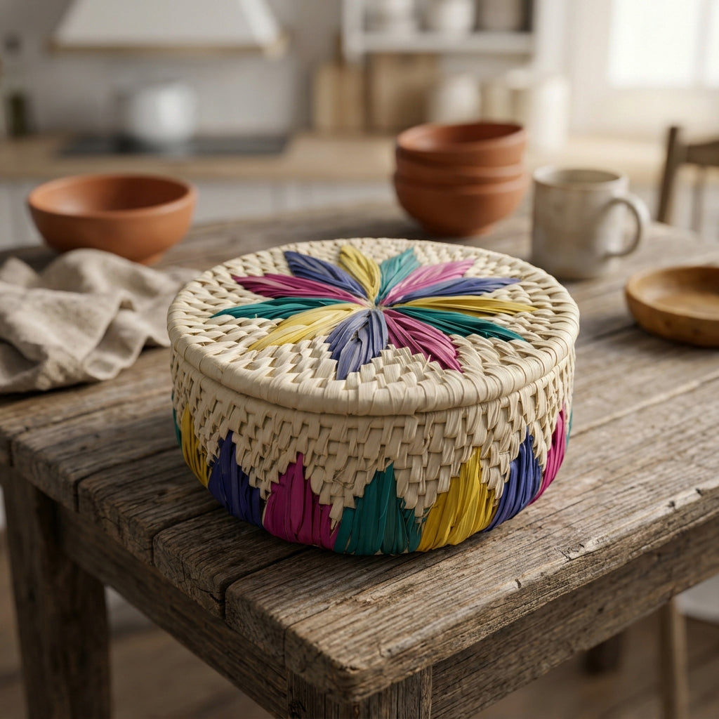 Handwoven Palm Leaf Bread Basket with Lid, Multicolored Floral and Geometric Patterns, Handmade Natural Woven Basket by Sartiyoon