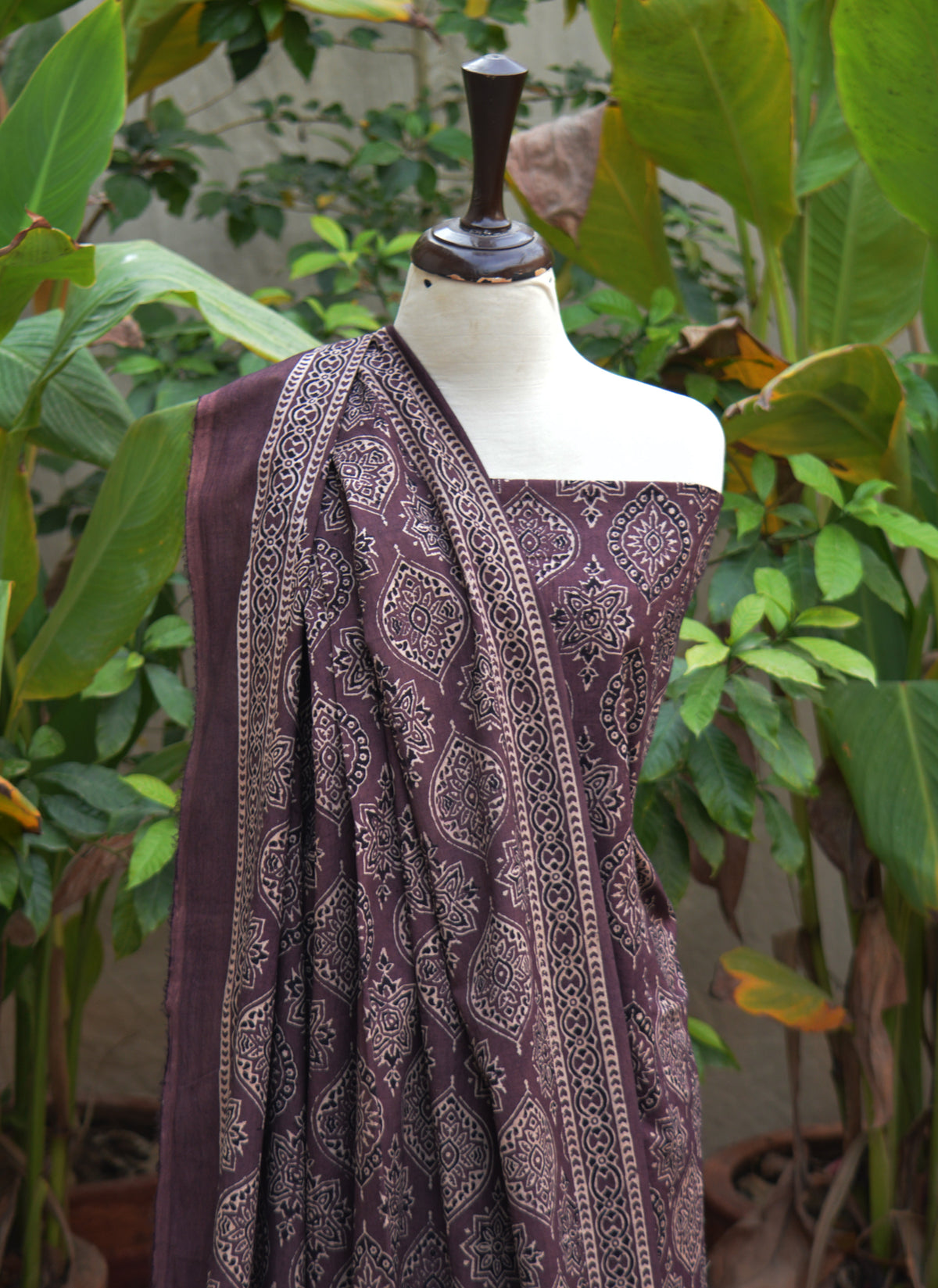 Handcrafted Badam Nightshade Ajrak design two-piece dress in organic dye with shirt and dupatta, breathable cotton