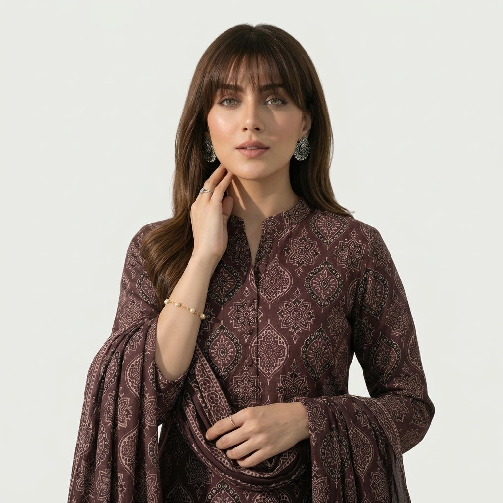 Badam Feminin Nightshade Ajrak two-piece unstitched set with traditional hand block printed design.