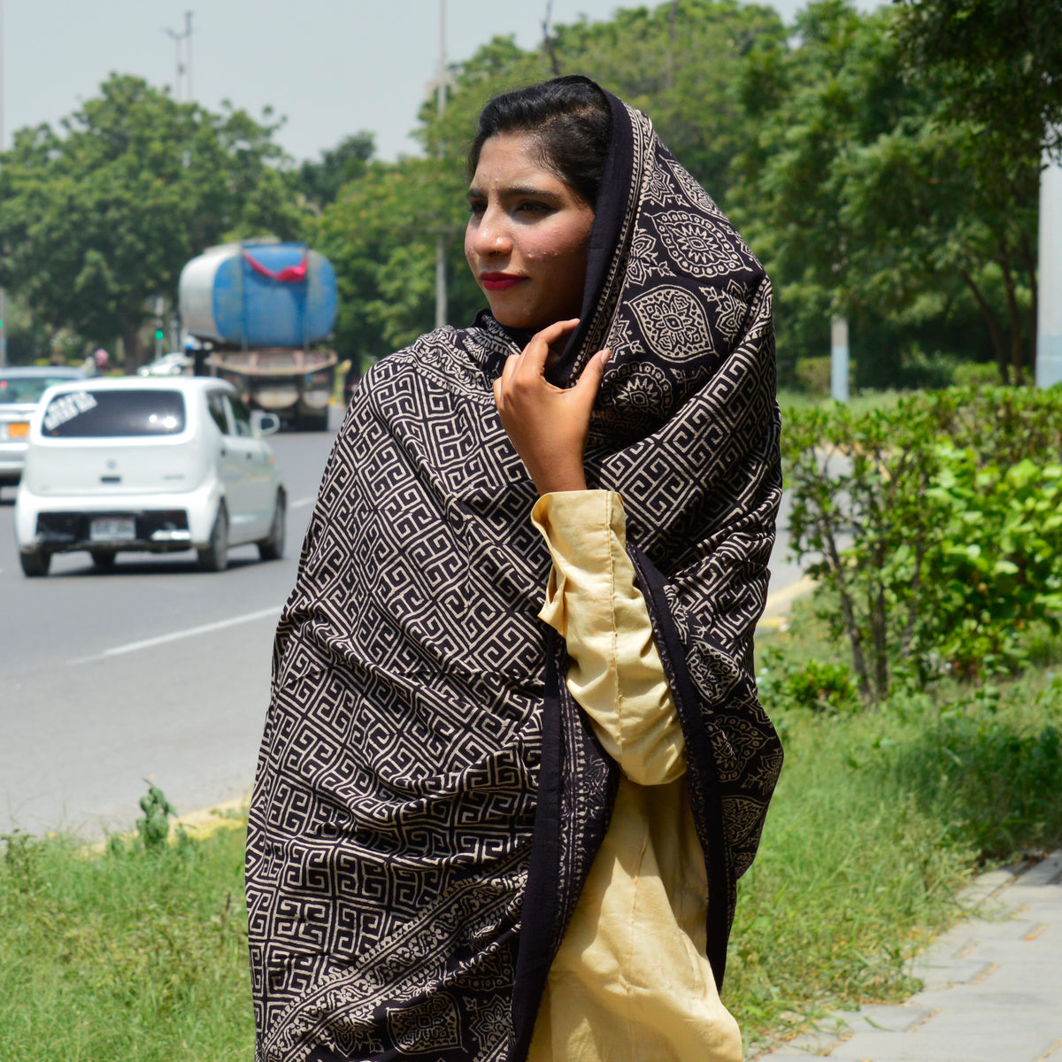 Black Ajrak Taskeen chaadar – hand block printed using organic dyes on breathable cotton fabric
