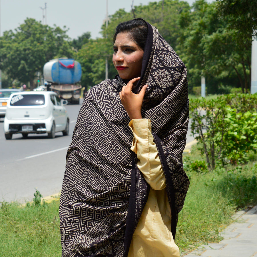 Ajrak Chaadar Taskeen – Black, Organic Dye Hand Block Printed Lawn