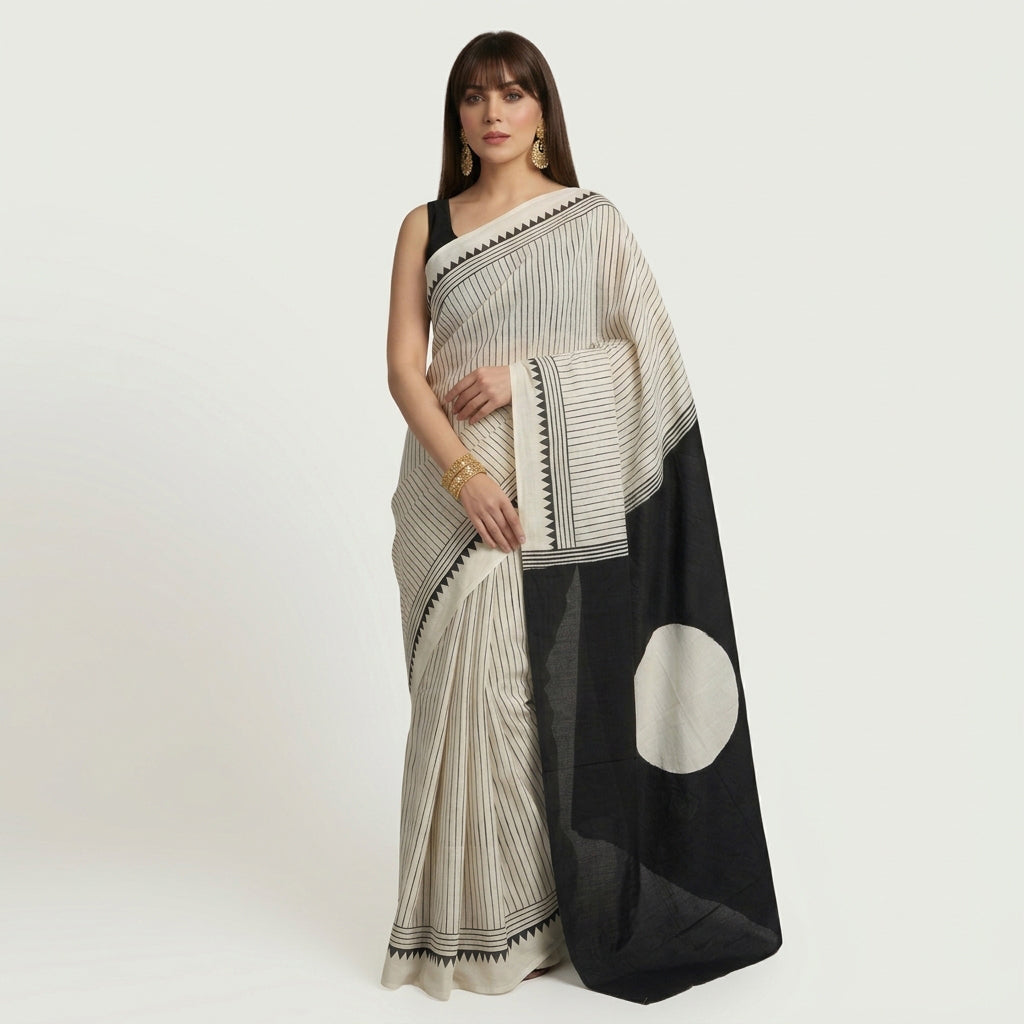 Kora Kinar black saree with traditional hand block printed patterns and an elegant contrasting border.