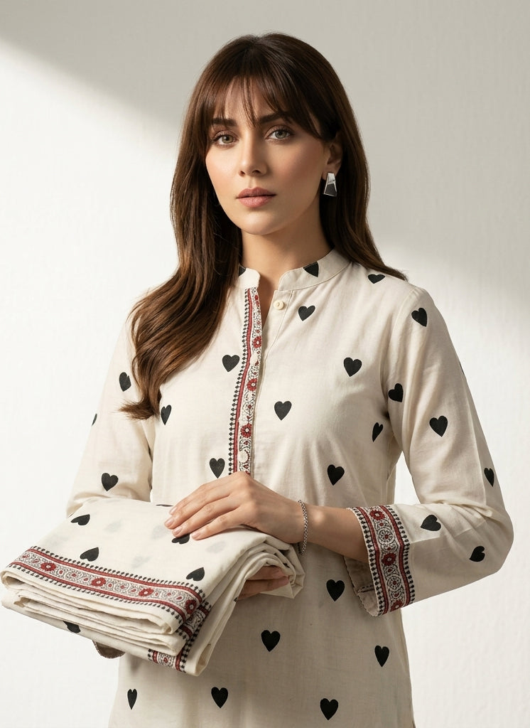 Soft breathable cotton shirt and dupatta set with Love Black Heart artisan print design