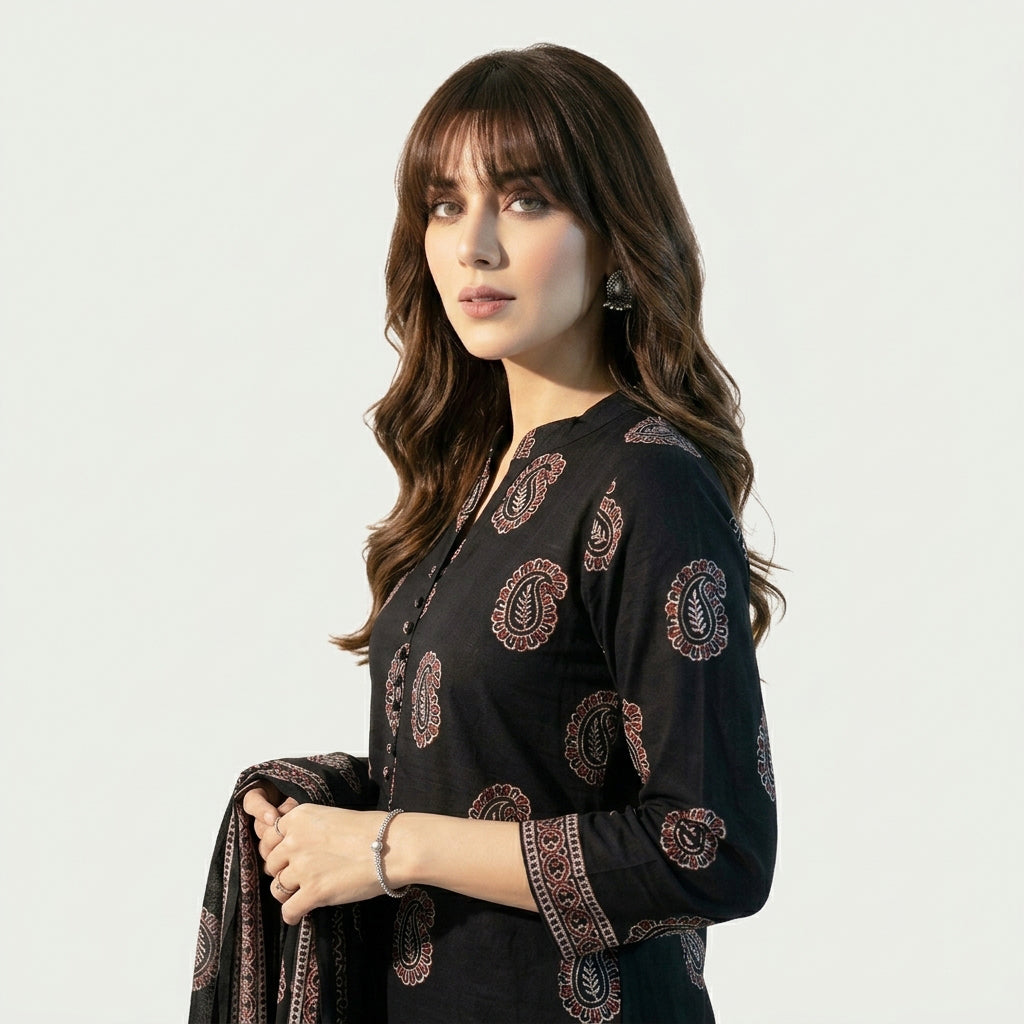 Black two-tone Anbi Ajrak two-piece set with traditional hand block printed motifs.