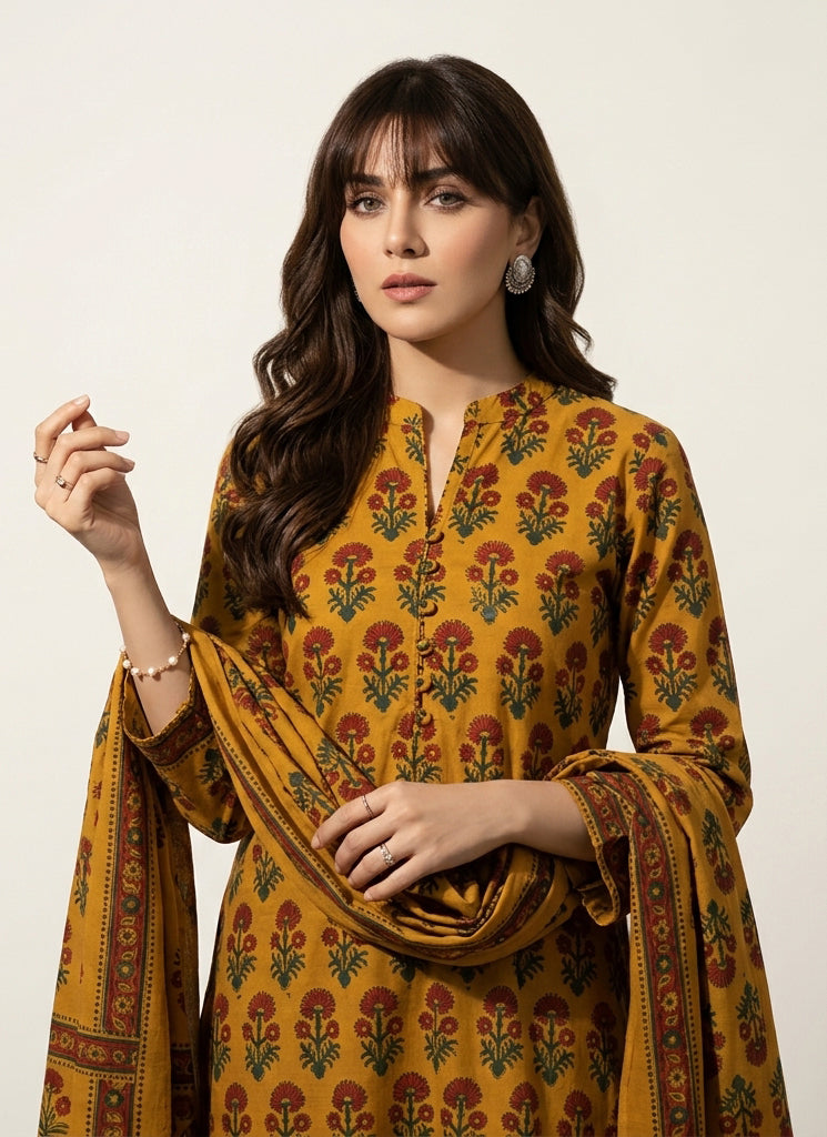Mustard yellow floral hand block printed cotton two-piece with unstitched shirt and matching dupatta
