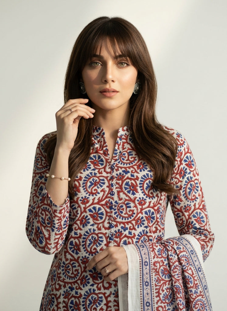 Red and blue floral bel hand block printed cotton two-piece shirt and dupatta