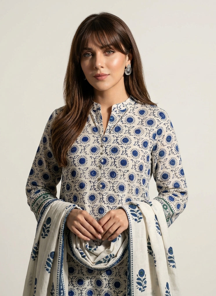 Hand Block Print Blue Floral Cotton Two-Piece with unstitched shirt and dupatta