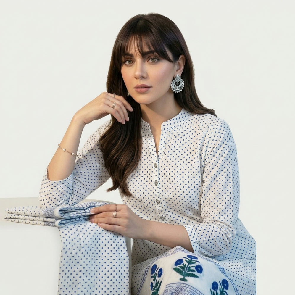 Green and Blue Floral Block Print Dress Suit