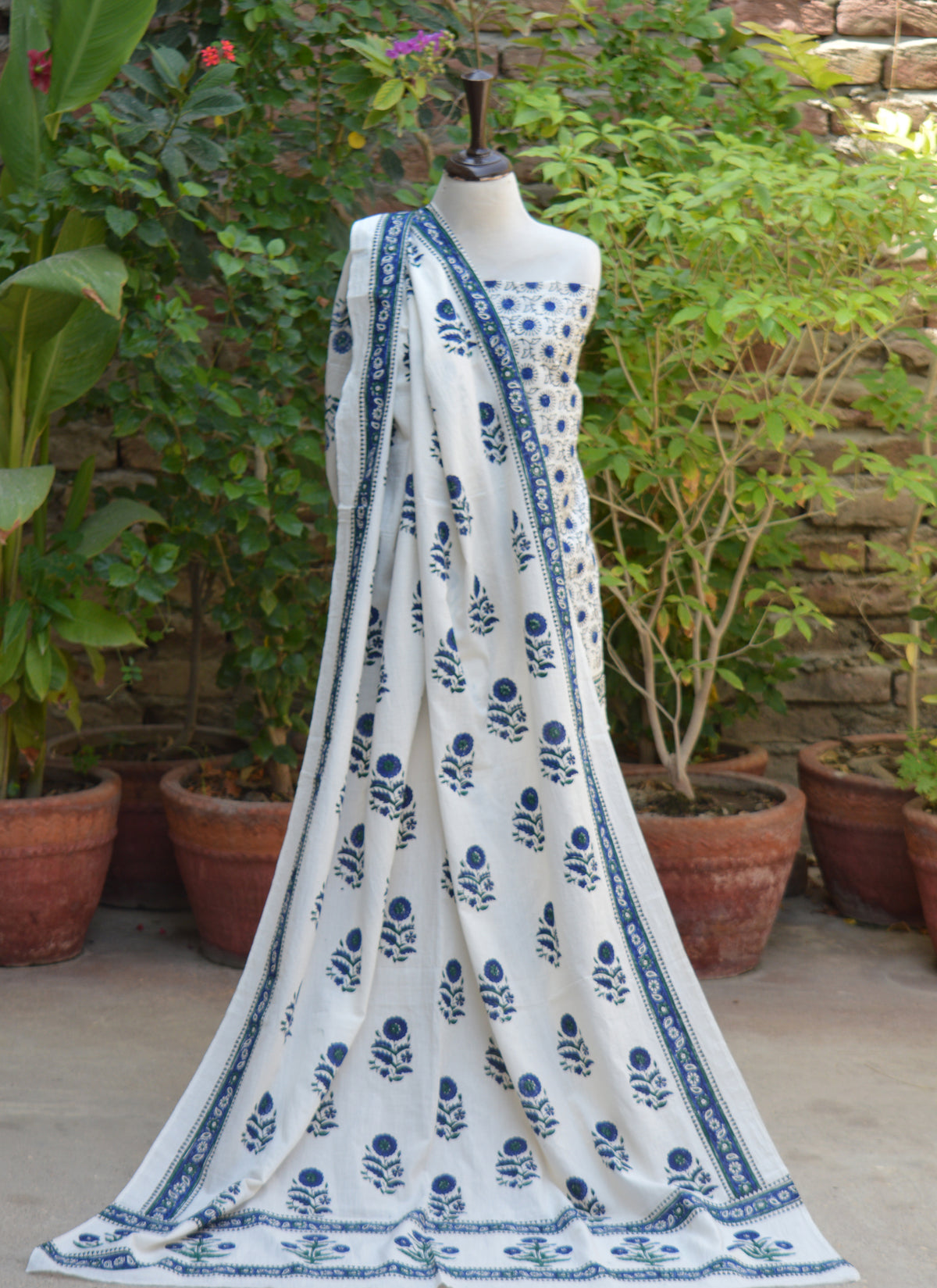 Traditional Blue Floral Block Print Cotton Unstitched Two-Piece Dress by Sartiyoon