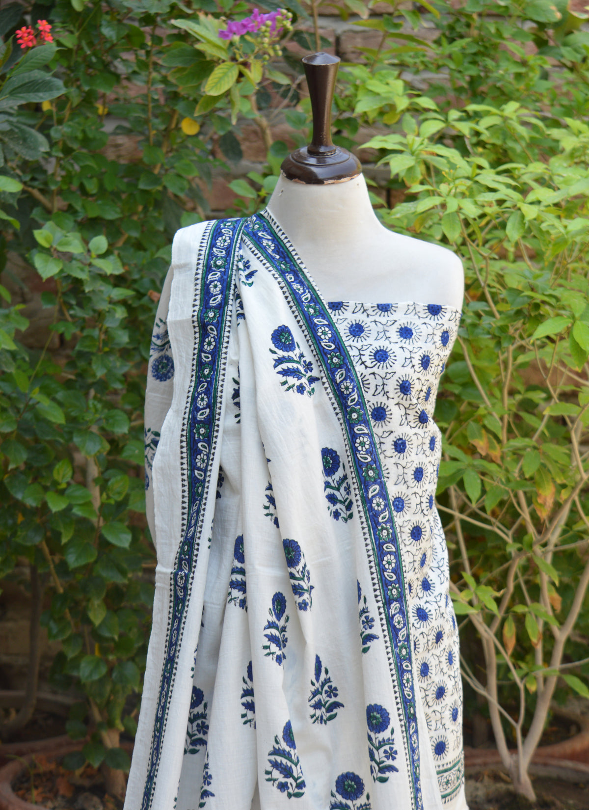 Blue Floral Hand Block Print Cotton Fabric for Unstitched Shirt and Dupatta